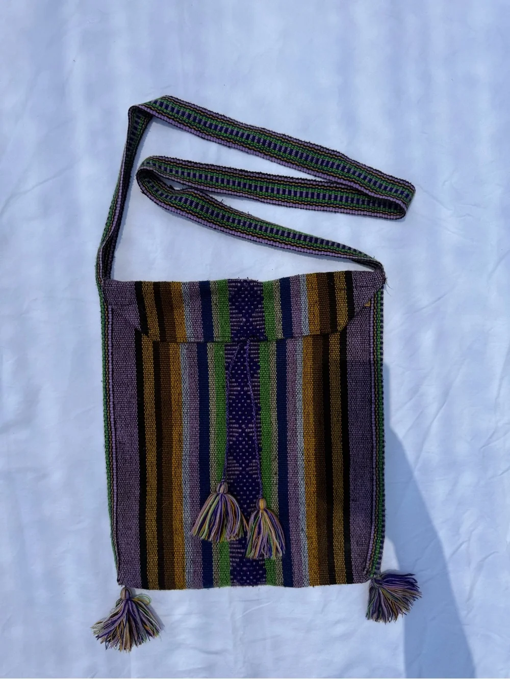 Artisanal Handwoven Crossbody Bag in Purple, Green & Brown